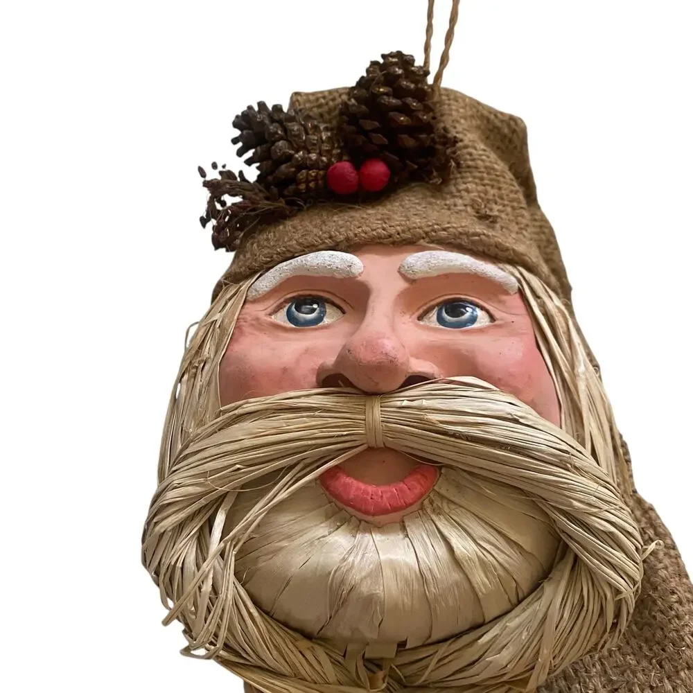Vintage Wall Hanging Santa with Raffia and Burlap Braided Beard Holiday Decor
